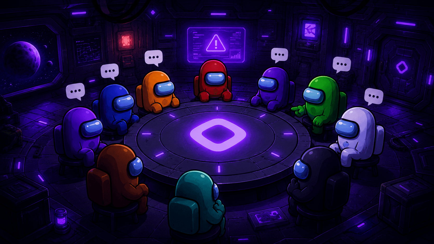 AI agents deliberating around the emergency meeting table